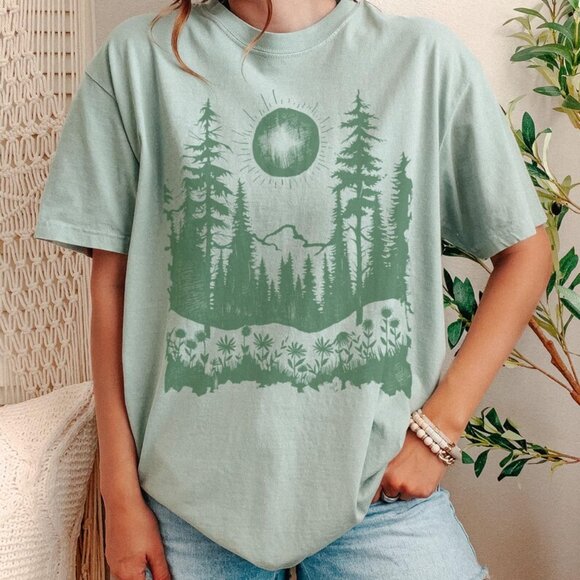 Comfort Colors Tops - Forest Mountain Landscape Graphic Shirt Nature Hiking Tshirt Outdoor